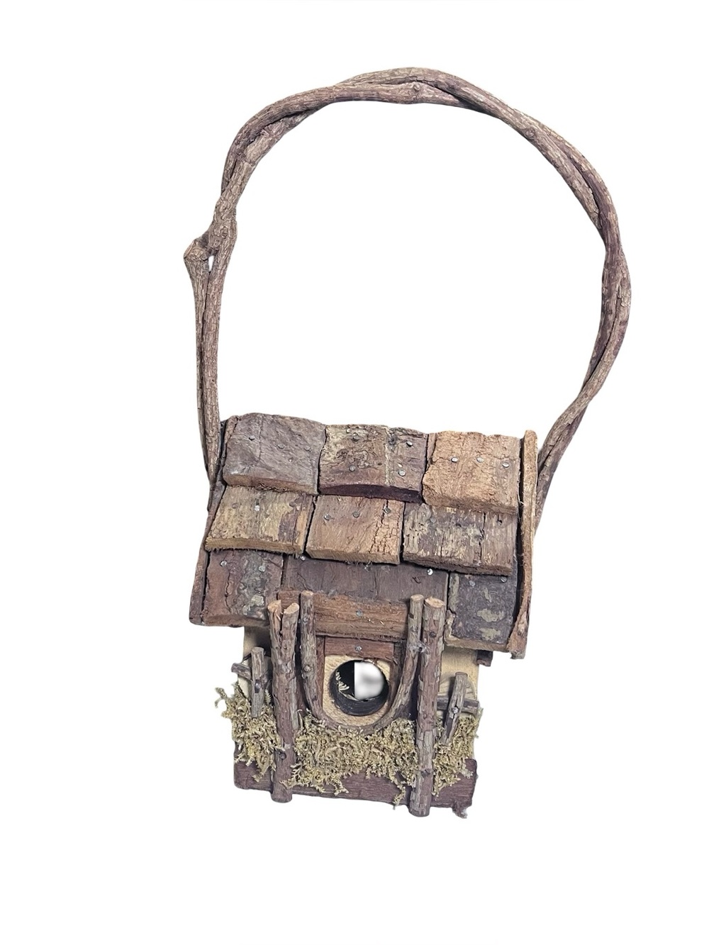 Vtg Whimsical Rustic Tree Bark Hanging Birdhouse Grapevine Moss Decor 23”